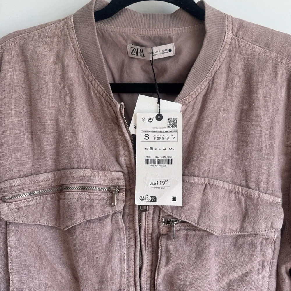 NWT Zara Greta Linen Bomber Jacket - size small - mauve/light pink - Picture 8 of 14